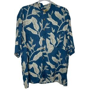 Caribbean Men's Silk Hawaiian Shirt Blue with Palm Leaves Size XL